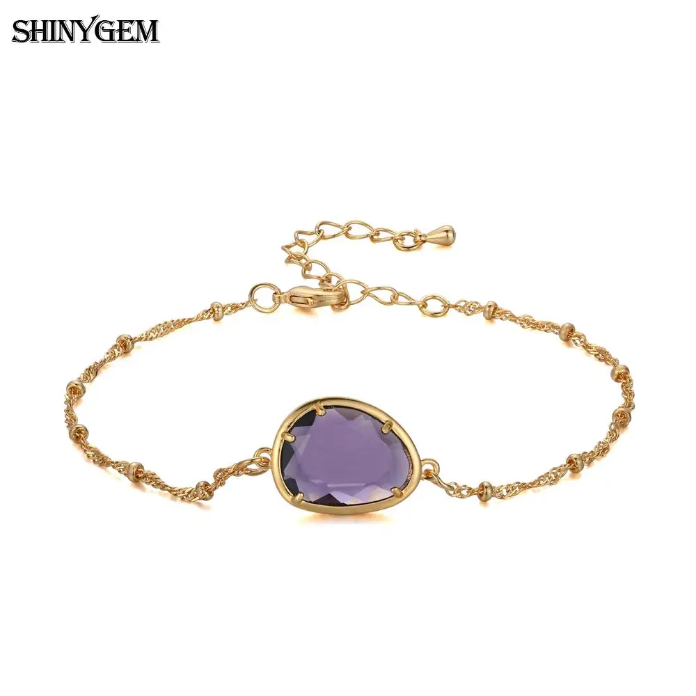 Purple ShinyGem капли воды форма граненый Кристалл Шарм браслет Золотое покрытие звено цепи браслеты натуральный камень браслеты из камней для женщин - Окраска металла: Purple