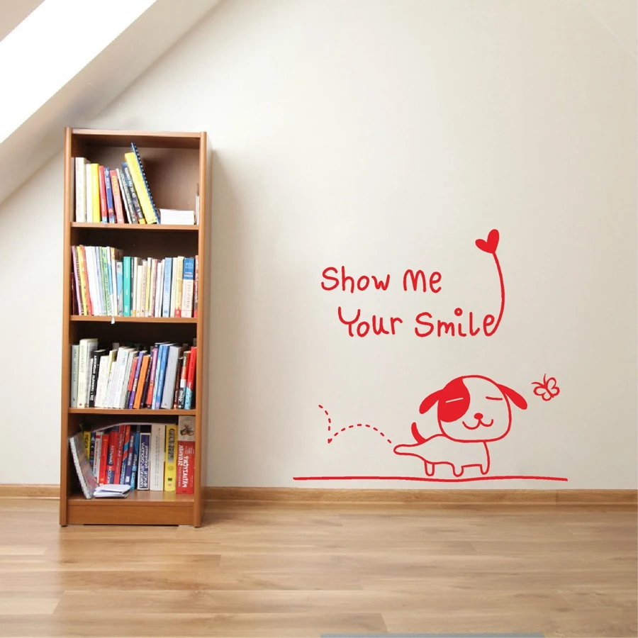 Фото Виниловая наклейка на стену «Show Me Your Smile» с изображением счастливого щенка, украшение детской комнаты №4