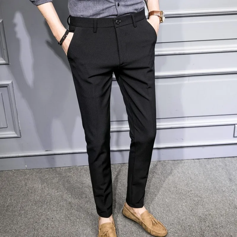 Винтаж однотонный костюм брюки офисные брюки черный темно-Slim Fit эластичный Pantalones Hombres Pantalon Para Hombre мужской костюм брюки