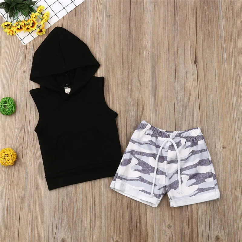 2019 New Kids Baby Boy Clothes Sets Summer Fashion 2Pcs Hoodie Vest Tank Tops+Camo Shorts Cotton Outfits 6M-4Y | Детская одежда и