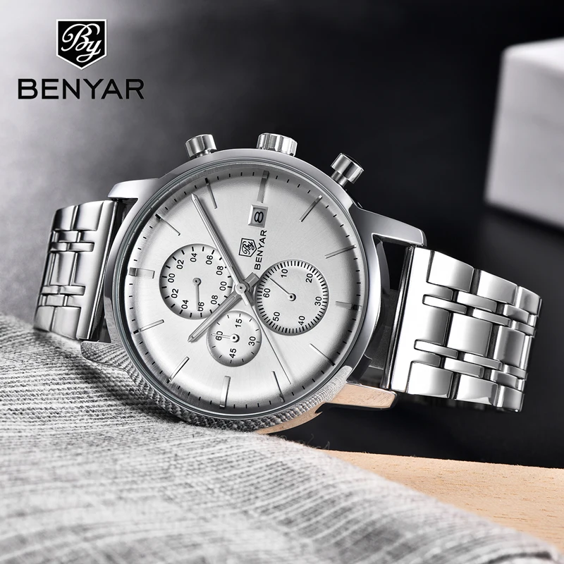 

2019 New Luxury Brand BENYAR Men's Watches All Steel Sport Business Watch Men Chronograph Men's Quartz Clock Relogio Masculino