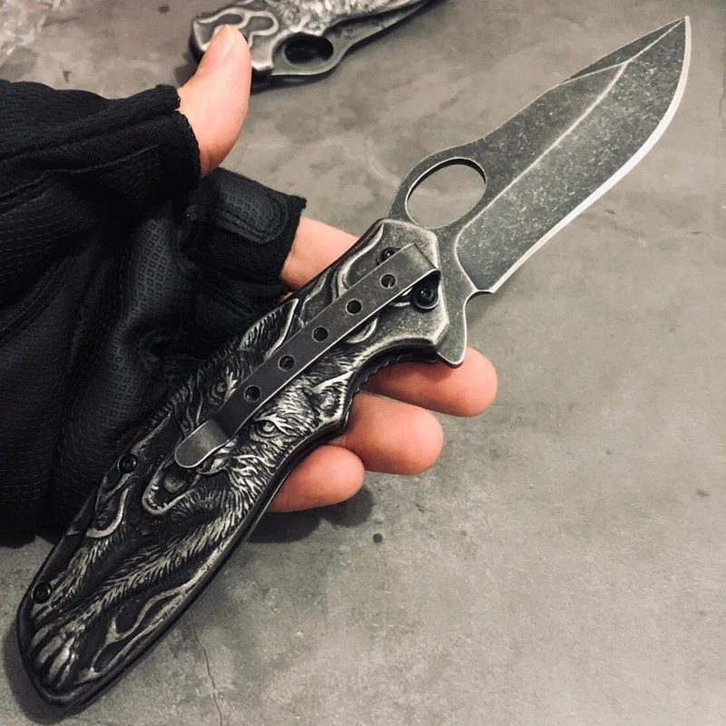 3D Волк король резной Stonewash тактический нож Высокое качество выживания кемпинг охотничьи ножи Открытый карманный складной нож с лезвием подарок