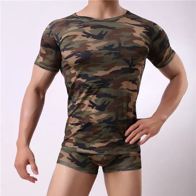 Sexy Men's Undershirt Milk Silky Printed Camouflage Short-sleeved Leotard Jumpsuit Wrestling Undershirt Pajamas Underwear