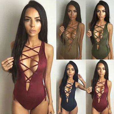 Сексуальный цельный женский бандажный купальник-бикини стильный однотонный