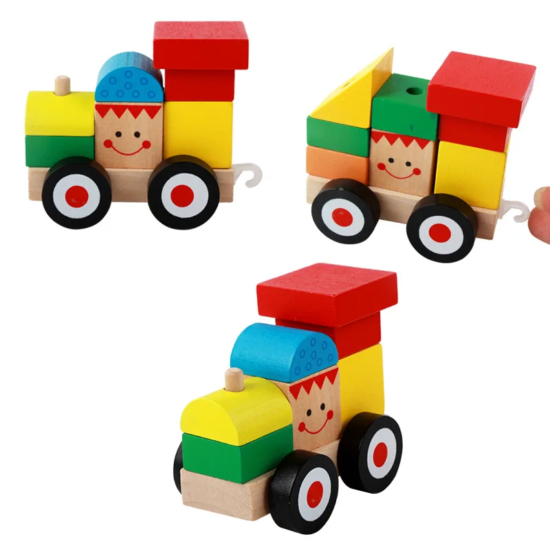 Wooden Pull Toys Three Trains Building Blocks Children Educational Toy Detachable Assembly |