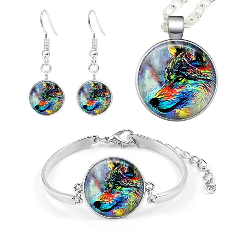 4 шт цветной ювелирный набор волка художественное фото ожерелье кулон браслет