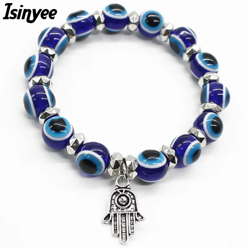 ISINYEE модные красно синие Турецкий Дурной глаз Браслеты эластичные Хамса Шарм