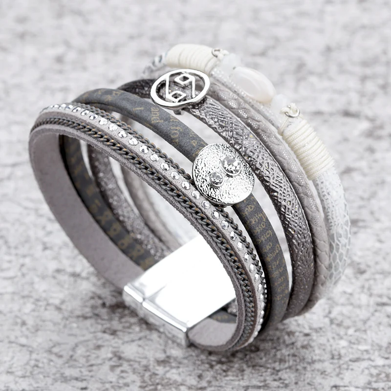 Женский многослойный браслет ALLYES широкий винтажный из кожи и сплава с