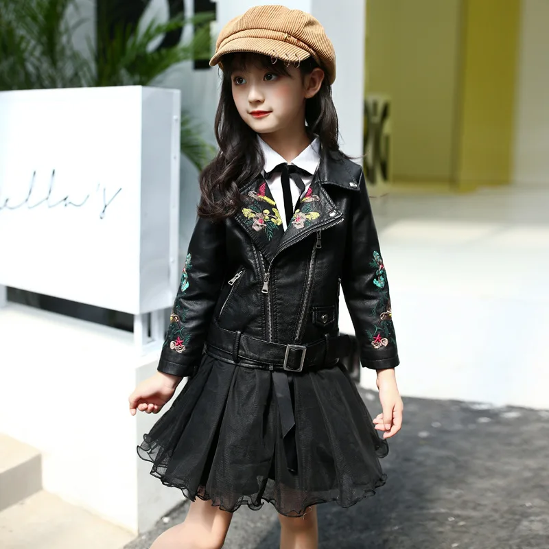 Детская куртка из ПУ кожи на молнии с вышивкой|girls outwear|fashion outwearchildren's leather coat |