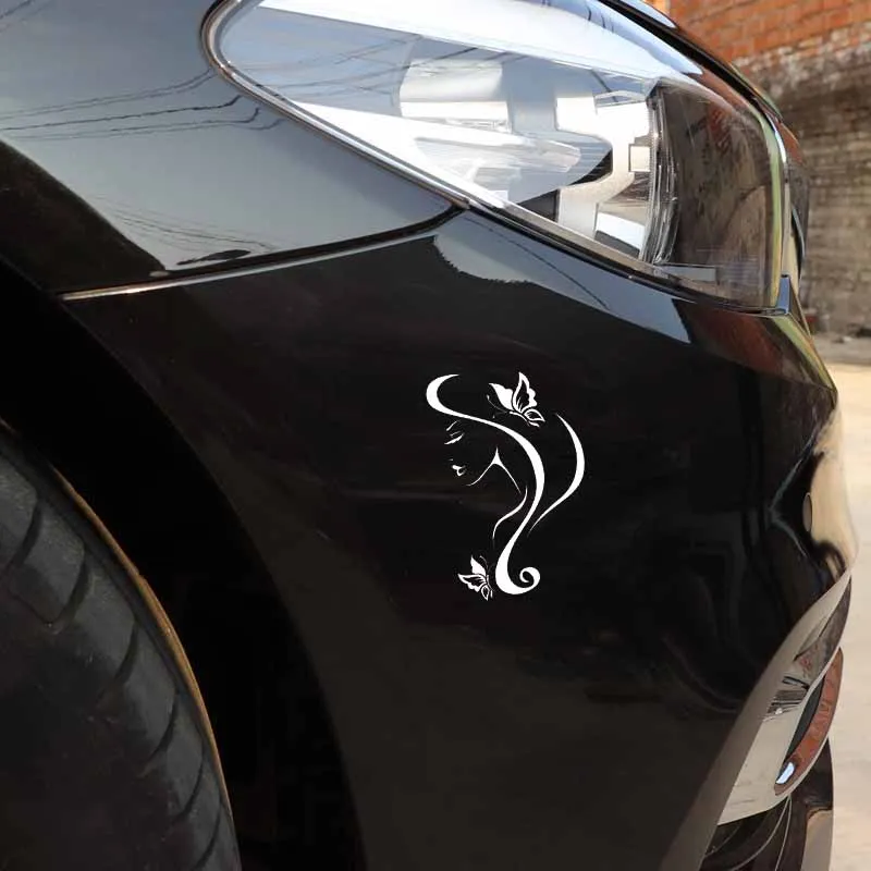 

YJZT 10.2CM*15.1CM Car Stickers Vinyl Decal Sexy Girl With Butterfly Romantic Black/Silver C24-0393