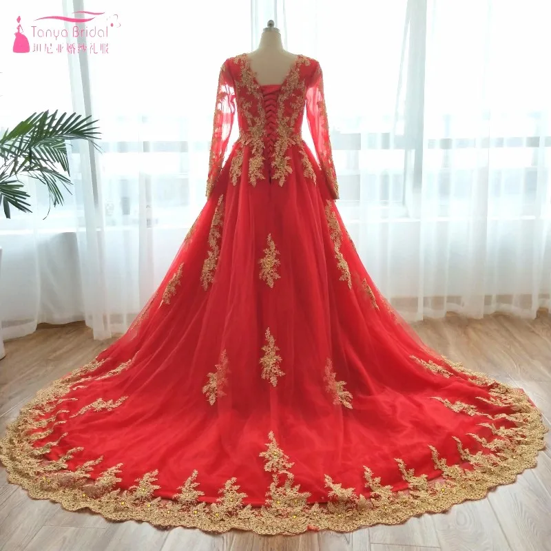 Красные Свадебные платья с золотыми аппликациями 2020 длинным рукавом исламские