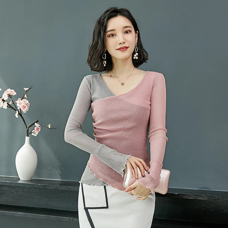 Осенние элегантные женские топы с длинными рукавами 2018 тонкая блестящая