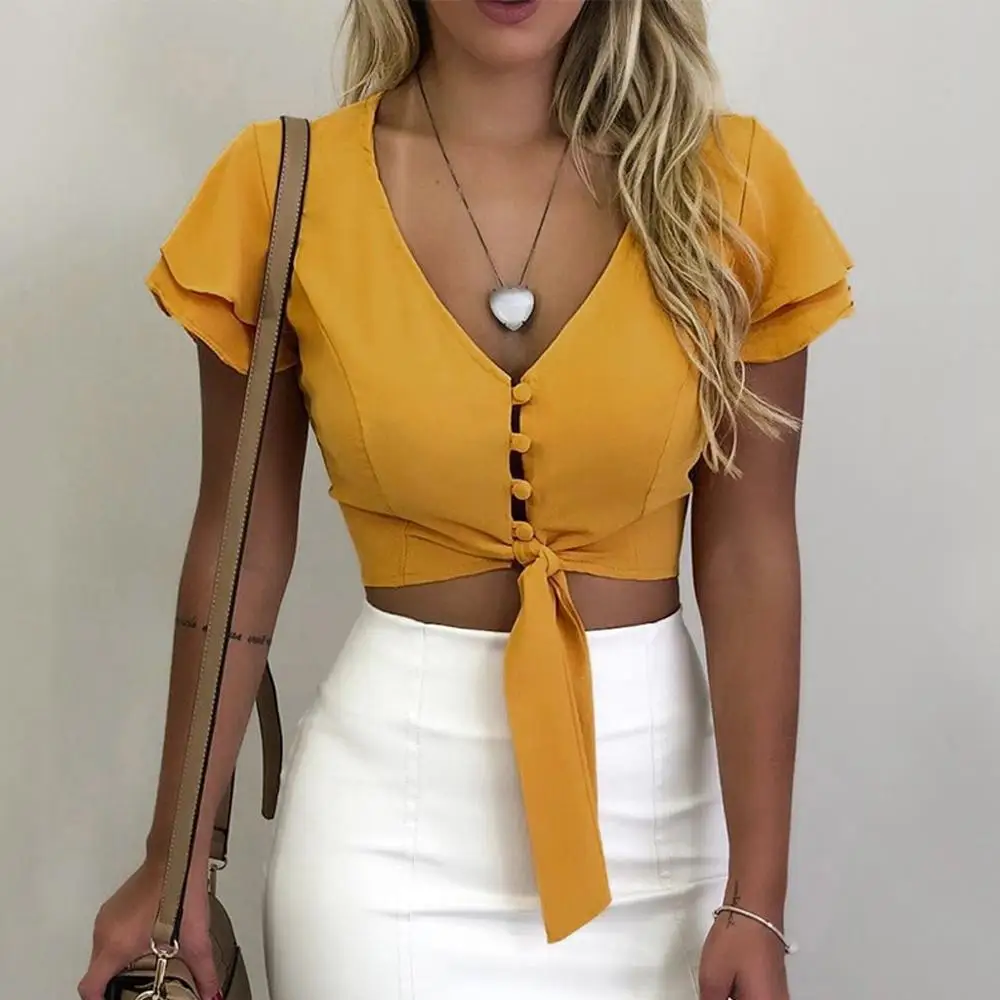 Женский топ с V-образным вырезом пикантная однотонная короткая майка до пупка