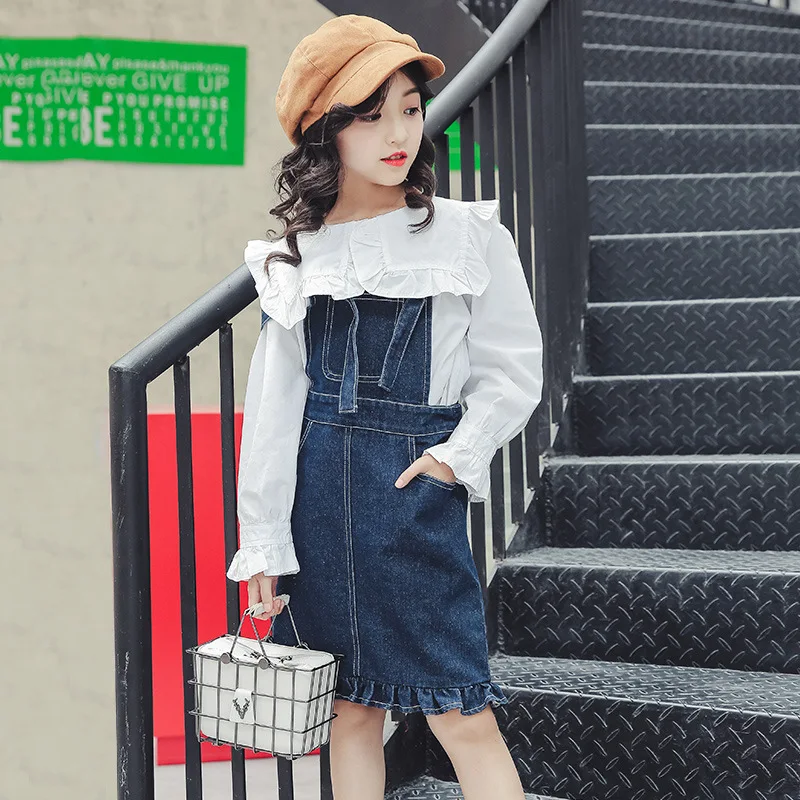 Белая блузка с длинным рукавом + комбинезон юбкой комплект из 2 предметов для