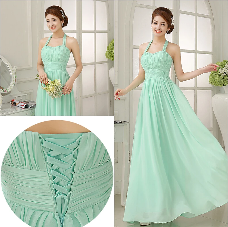 

floor length mint chiffon elegant long bridesmaid bridal green dresses women sexy adult dress for weddings halter neck H1535