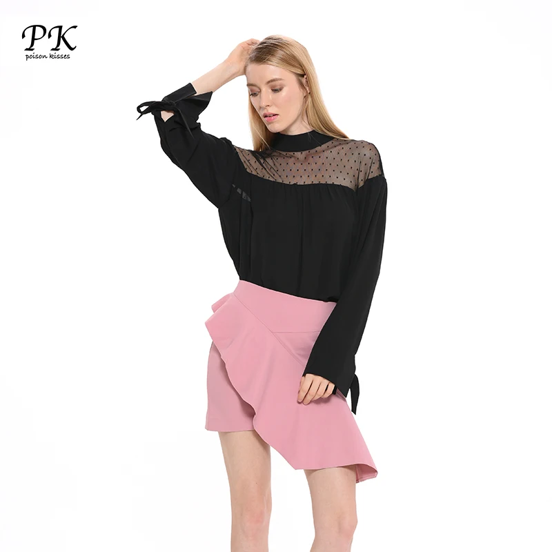 PK шифоновая блузка женские рубашки женская черная сетчатая сексуальная одежда с