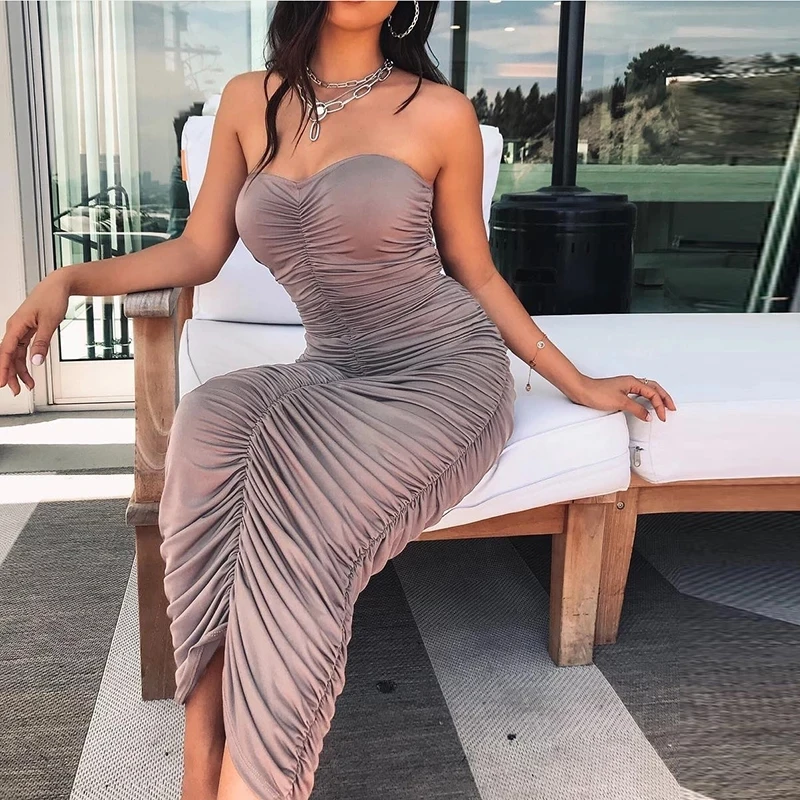2019 рюшами Вечерние Платье без бретелек bodycon длиной по щиколотку в обтяжку стиле