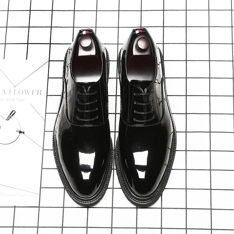 Fashion Patent Black Men Shoes Men's Lace-up Breathable Hard-wearing Pointed Toe Business Leather Leisure Dress | Обувь