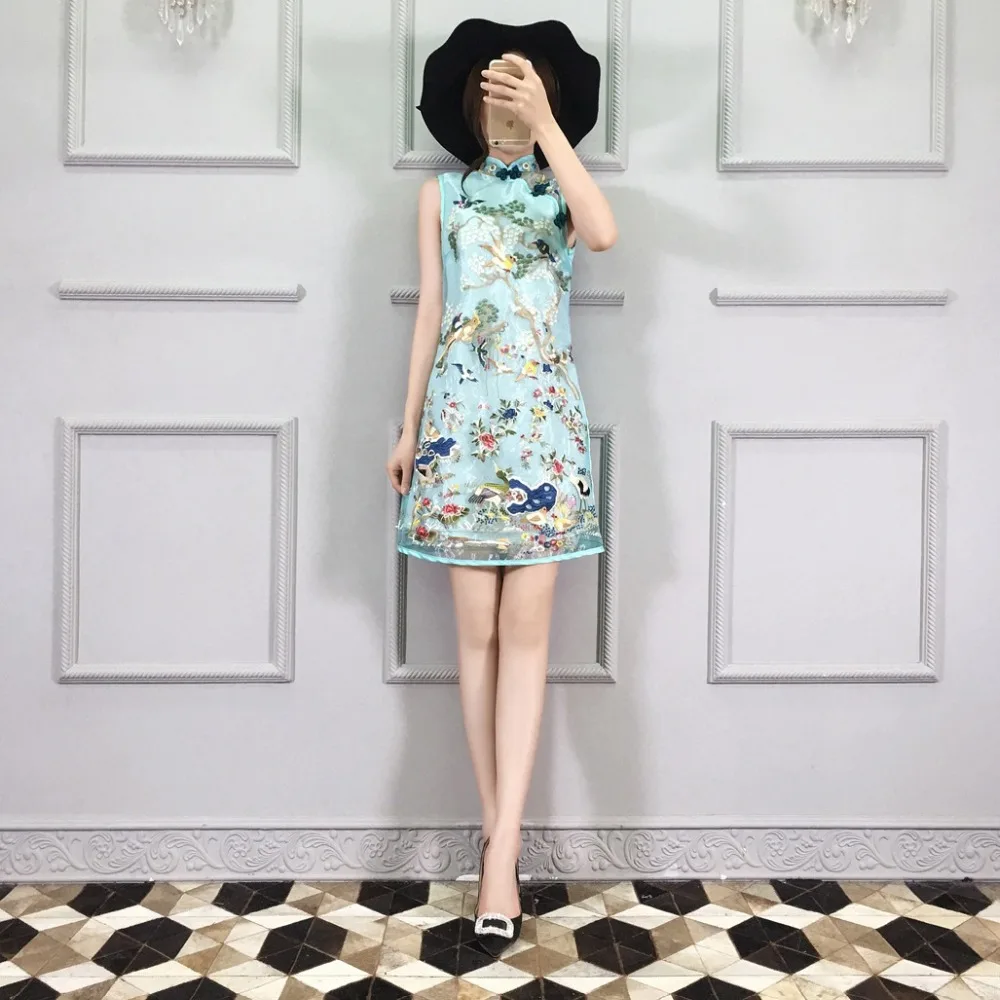 Китайский стиль без рукавов вышивка Cheongsam Современное женское платье