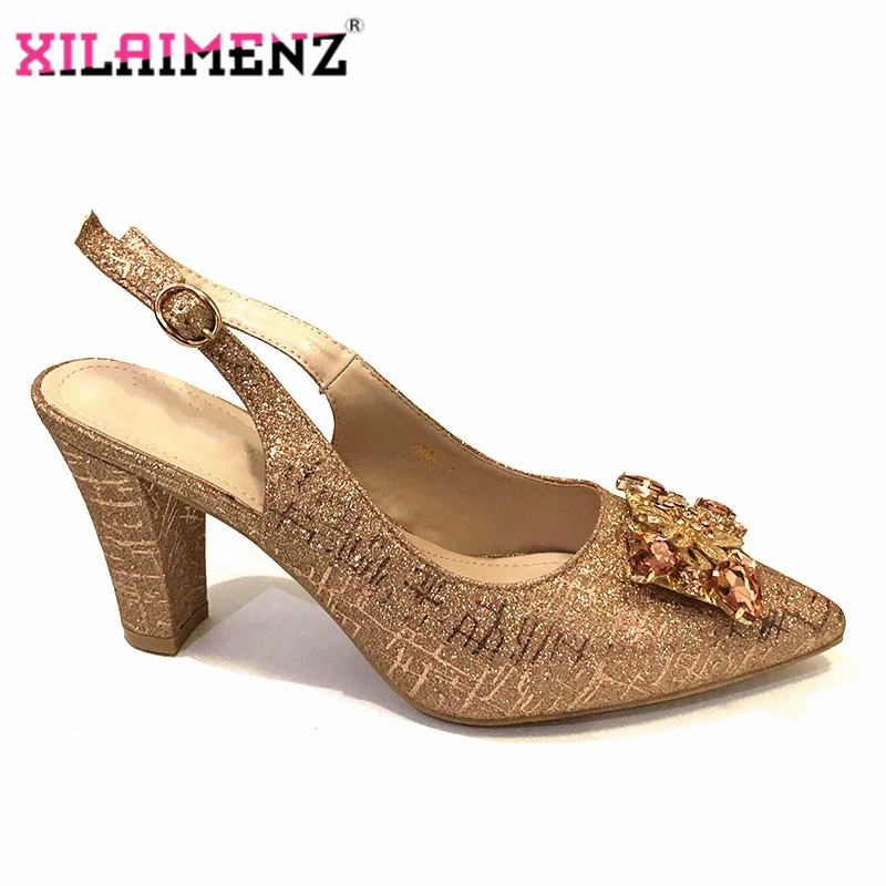 

Champagne African Wedding Shoes Fashion Elegant Italian Women Pointed Toe Sandals with Stone High Heels Summer Women Pumps