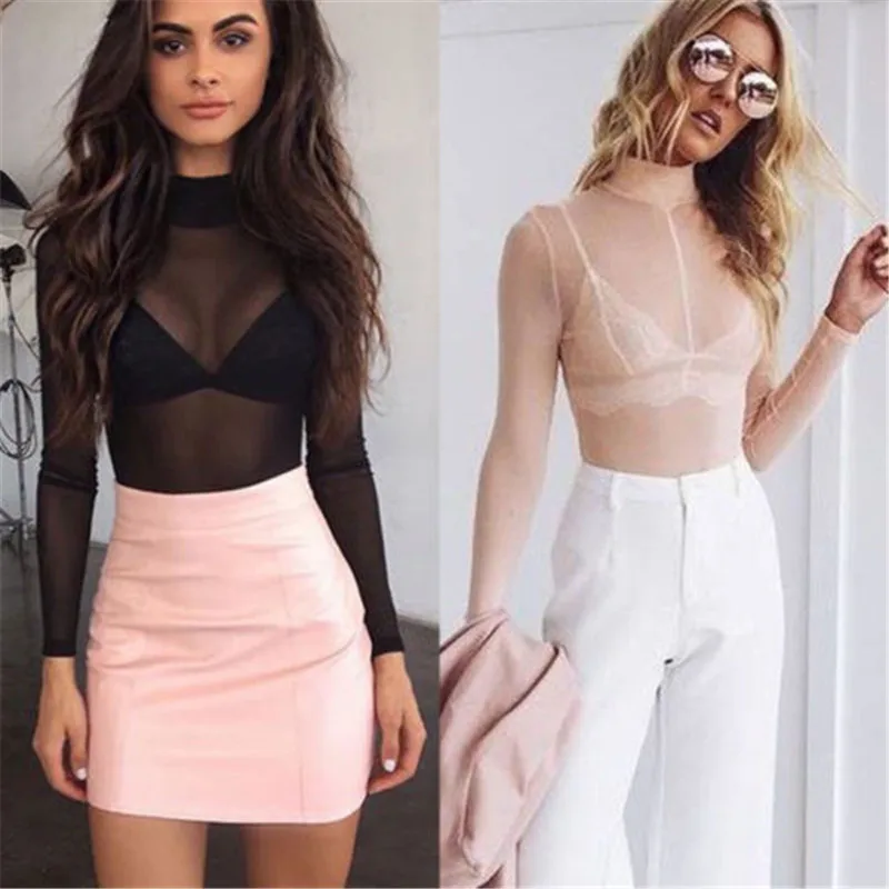 Hot Summer Sexy Women Mesh Net T-Shirt Long Sleeve Tee Tops See-Through T-shirt Bodycon Turtleneck Black Skinny Clubwear | Женская