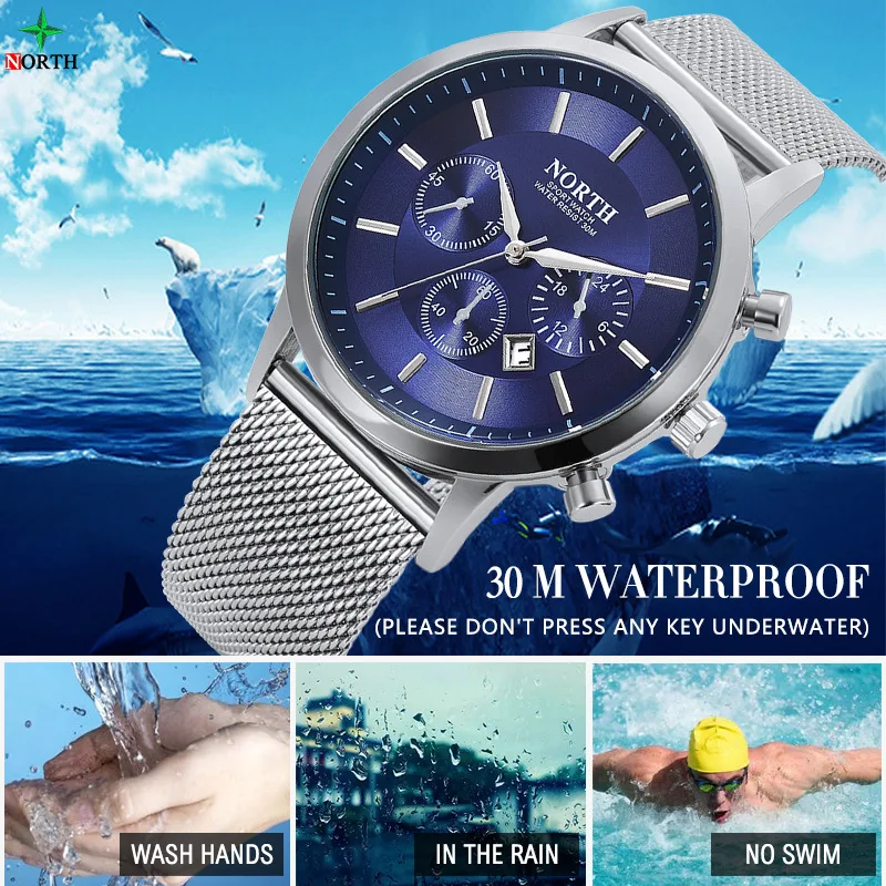 NORTH Men Watches Top Brand Luxury Business Quartz Watch Stainless steel Auto Date Sports Waterproof Relogio Masculino | Наручные часы