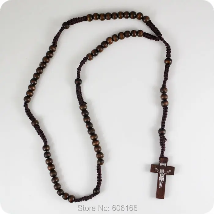 12pcs Dark Brown Wood Rosary Beads INRI JESUS Cross Pendant Necklace Catholic Fashion Religious Jewelry Wholesale | Украшения и