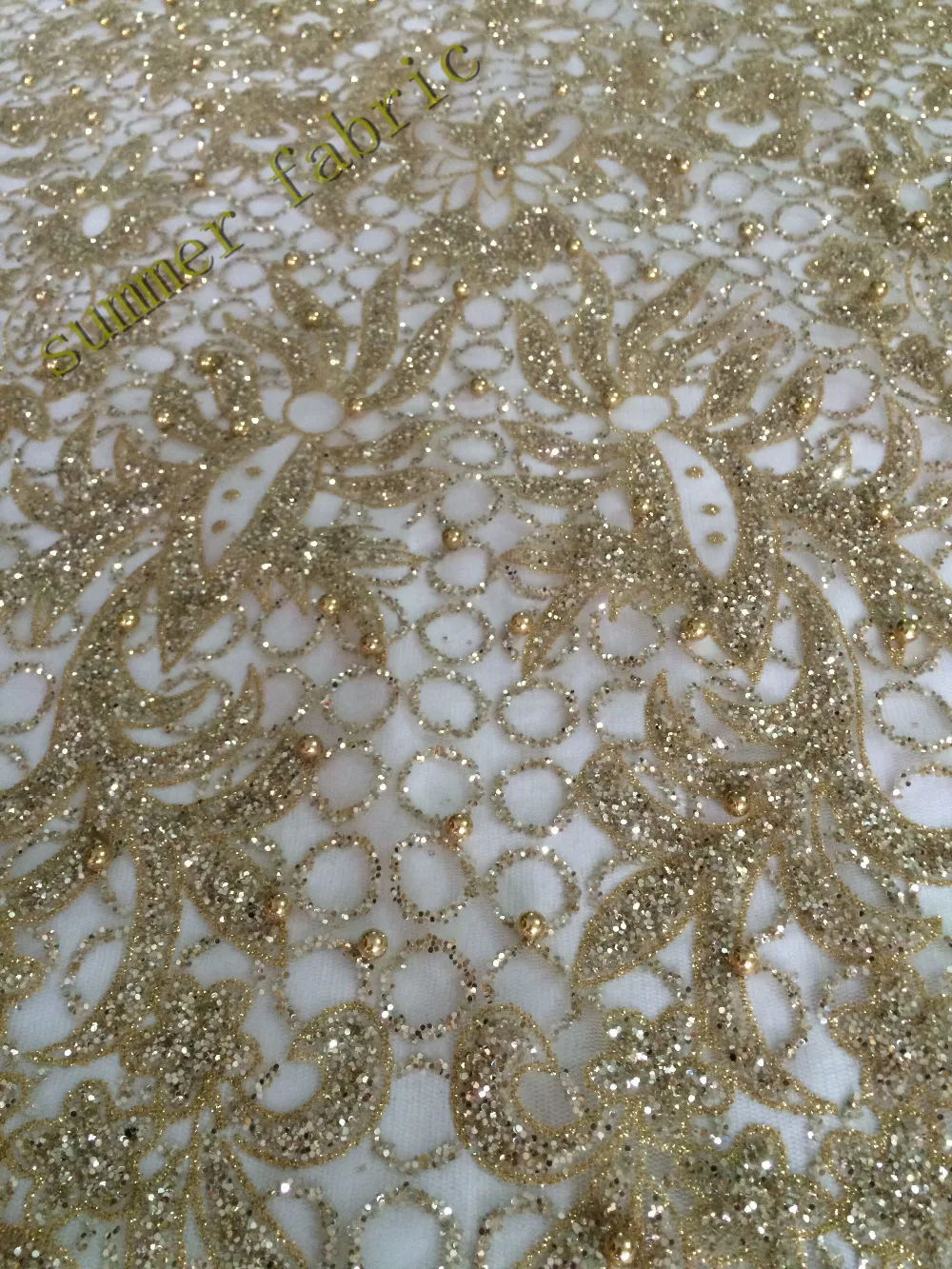 Роскошная Тюлевая французская кружевная ткань с жемчугом и бусинами Золотая