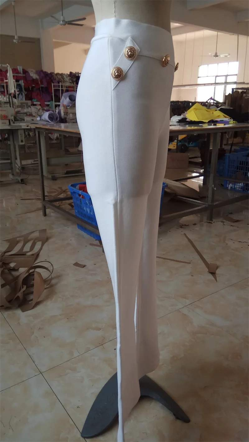 Женские белые широкие брюки на молнии и кнопках Элегантные вязаные длинные