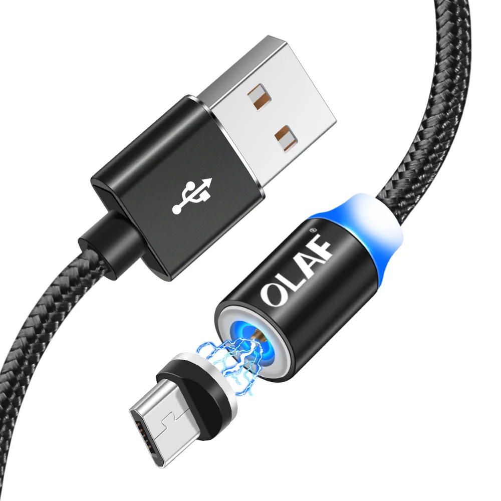 Олаф светодиодный 2 м 1 м Магнитный кабель для iPhone Micro usb type c нейлоновый Магнитный usb кабель для зарядки samsung sony Магнитный шнур для зарядного устройства - Цвет: Black For Micro
