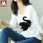 Женская футболка с вышивкой, повседневная Однотонная футболка с длинным рукавом и 3d-изображением черного лебедя, с бусинами, лето 2022