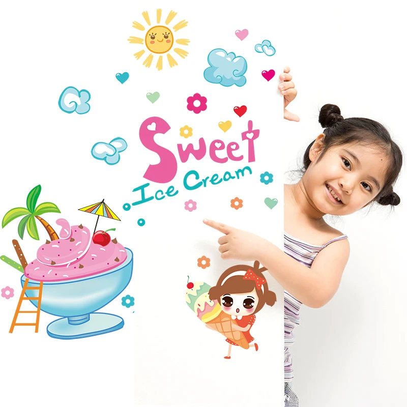 Sweet Ice Cream Wall Stickers Creative Small Girl Clouds DIY Decals for Kids Rooms Desserts Shop Glass Decoration | Дом и сад
