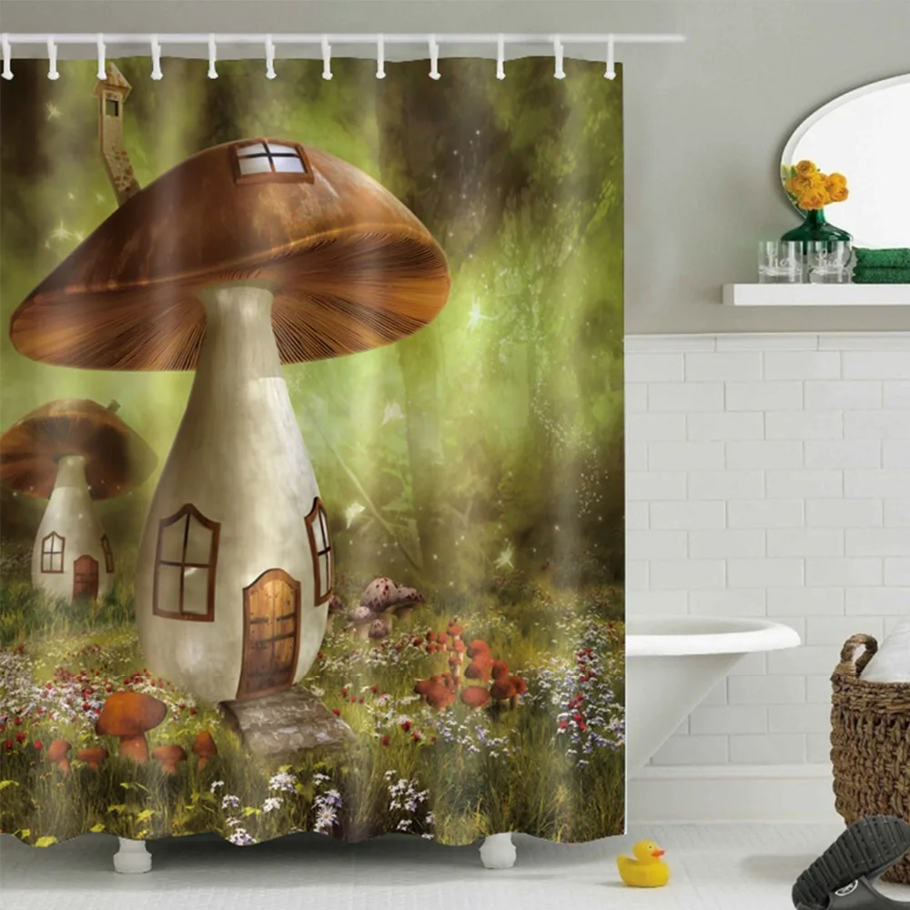 

LB Забавный мультфильм Wonderland гриб дом Детская занавеска для душа Водонепроницаемая Ванная комната на заказ полиэстер ткань для художествен...