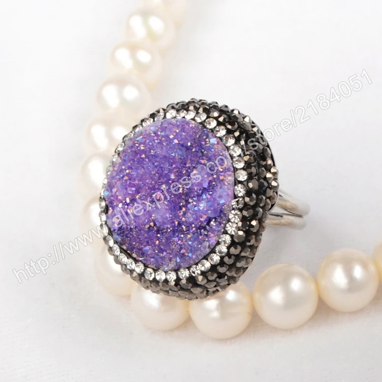 Round Dyed Purple Agate Druzy Geode Ring For Woman Gun Black Crystal Rhinestone Pave Zircon Fashion Design JAB084-4 | Украшения и
