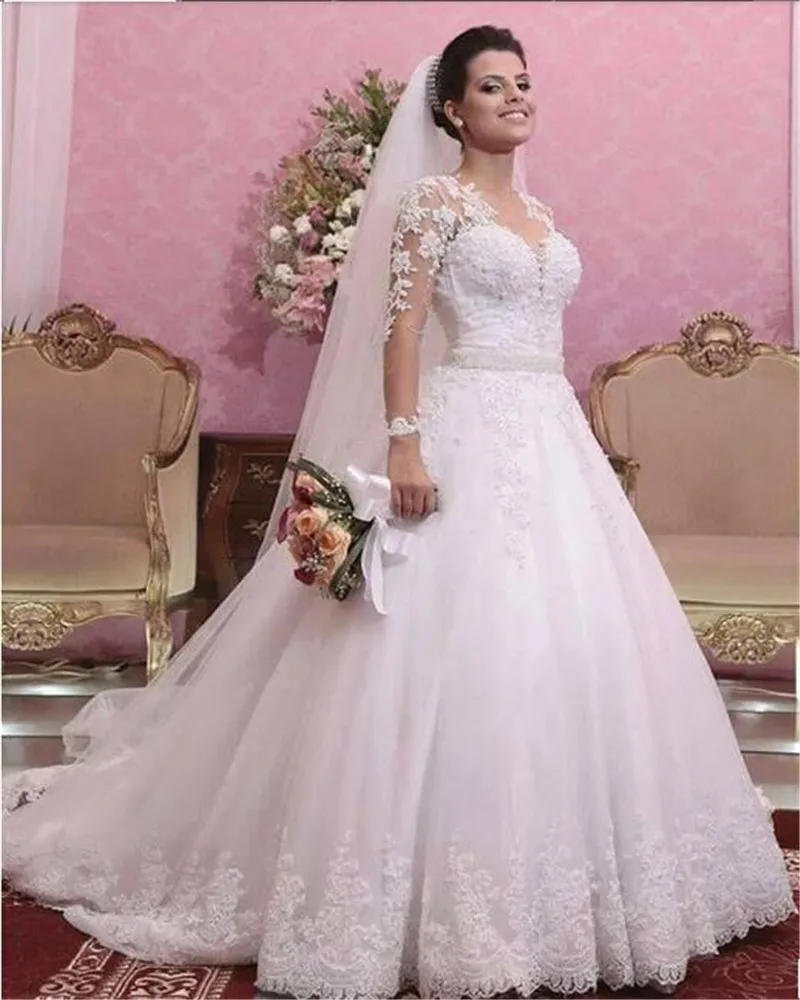 

Modest Beaded Pearls V Neck Long Sleeve A-line White Lace Wedding Dresses Appliques Zipper Back Bridal Gowns Promotion
