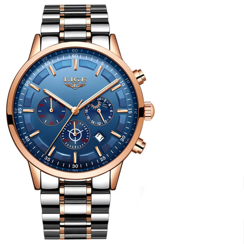 Rose Gold Blue Relogio Masculino часы мужские LIGE модные спортивные кварцевые часы мужские s часы Топ бренд класса люкс Бизнес водонепроницаемые часы Relojes - Цвет: Rose Gold Blue