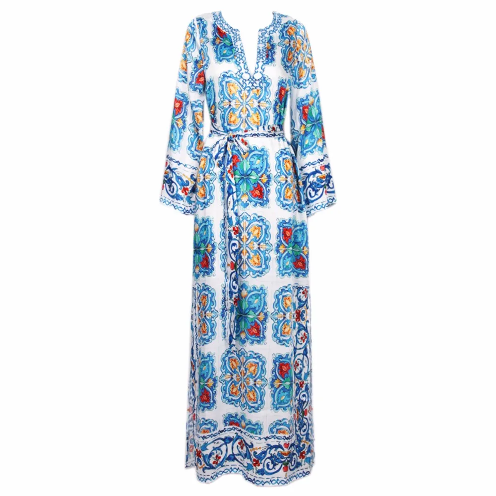 EUROV 2018 New Arrival Sprng Women Dress Holiday Star Porcelain Beach Slit V-neck Beading Floor Length Dresses | Женская одежда