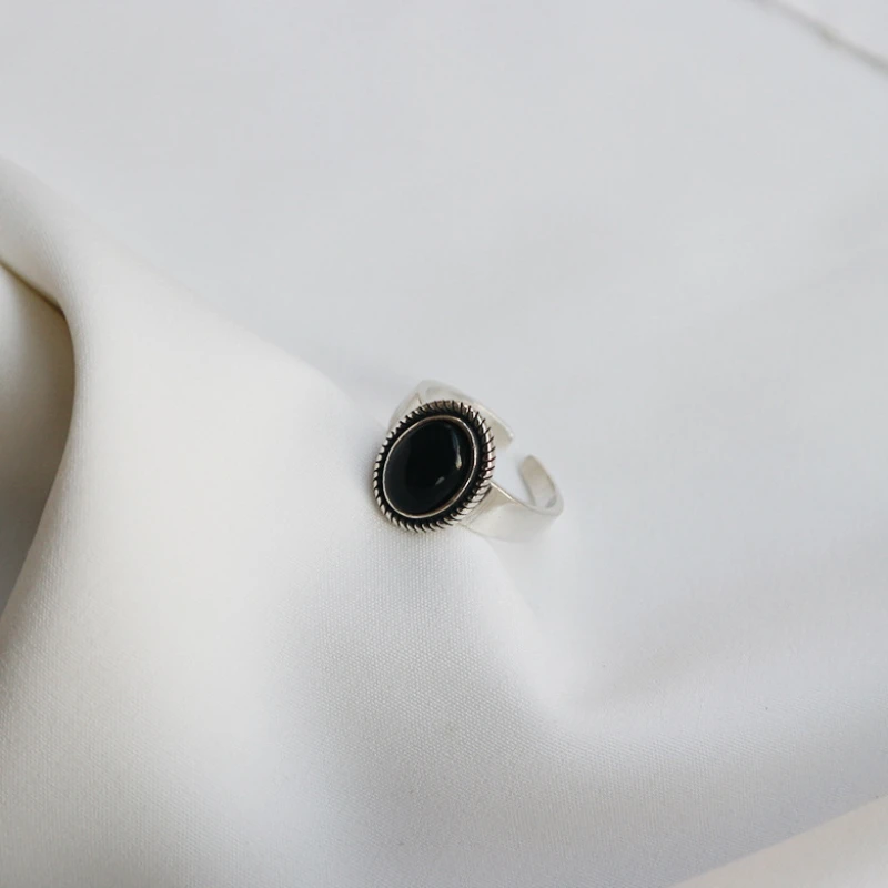 925 Sterling Silver Oval Black Agate Cabochon Twisted Charm Vintage Open Ring For Women And Girls Party Gifts Stone Jewelry | Украшения и