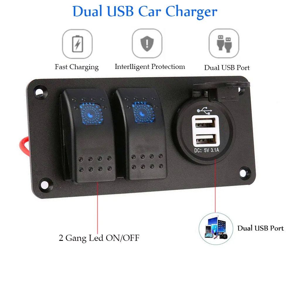 5 Pin 2 Gang переключатель Панель 12 24 V Dual USB Зарядное устройство 3.1A Водонепроницаемый