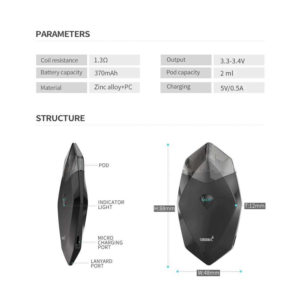 Оригинальный пусковой набор Smoant Karat Pod с аккумулятором 370 мАч 2 мл картридж Quarzt