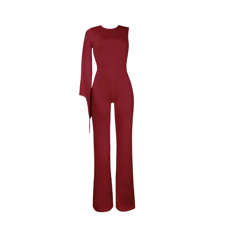 Binbye Fans One-Shoulder Sexy Jumpsuit Flare Sleeve Back Zipper Wide Leg Overalls Full Bodysuit Elegant Party Jumpsuits CH340 | Женская