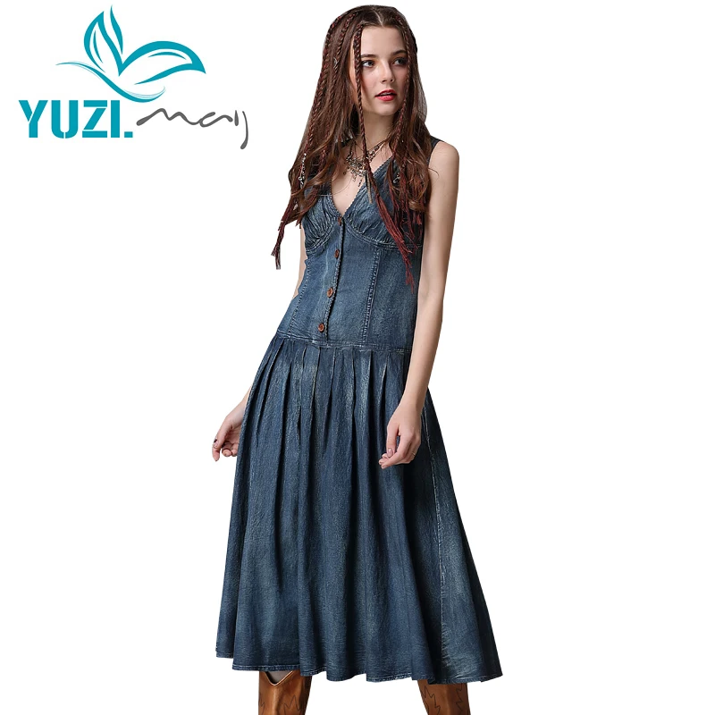 Летнее платье 2018 Yuzi. may Boho новые джинсовые женские платья с v образным вырезом без