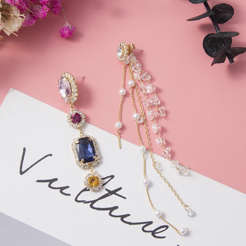 Элегантные Асимметричные блестящие Висячие серьги Стразы Длинная цепочка
