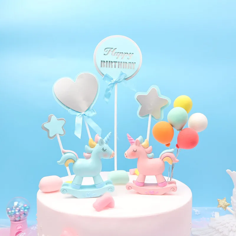 Розовый Единорог торт Топпер воздушные шары флажки для торта День рождения Дети