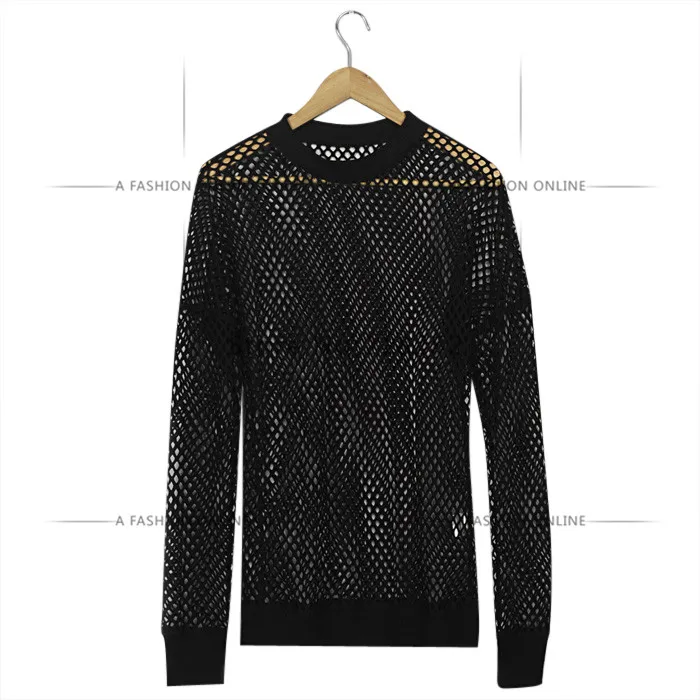 Модные сексуальные мужские черные ажурные футболки с длинными рукавами сетчатые