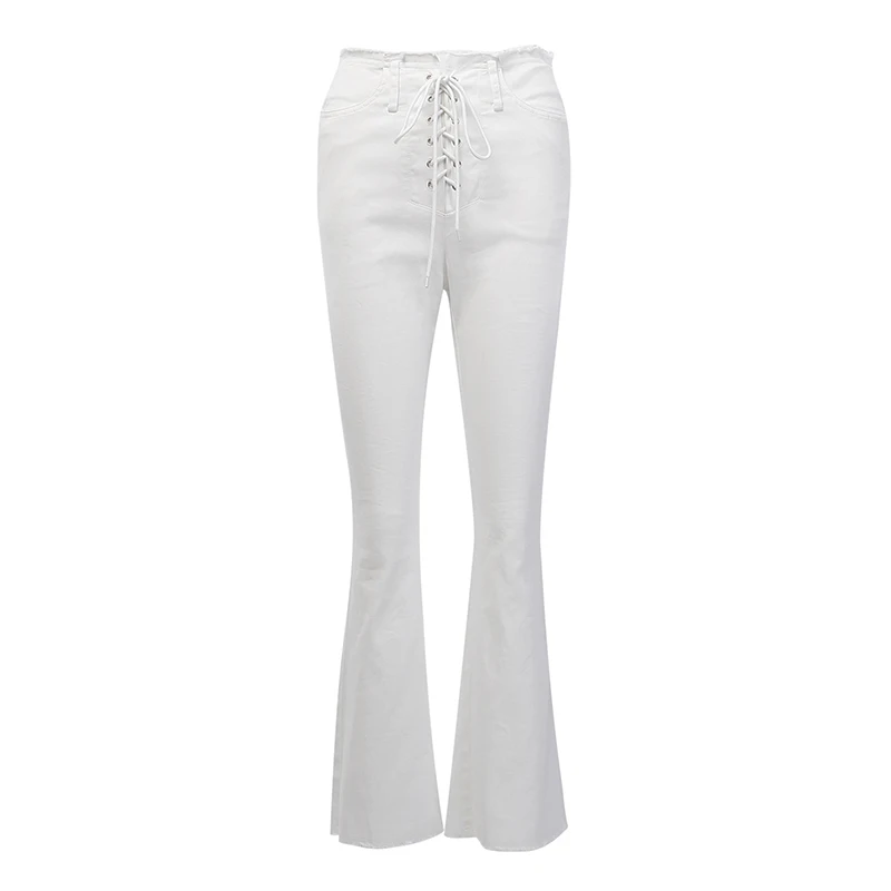 White InstaHot White Elegant Office Lady Lace Up Elastic High Waist Flare Pants Casual Solid Minimalis Pant Spring Women Trousers - Цвет: White
