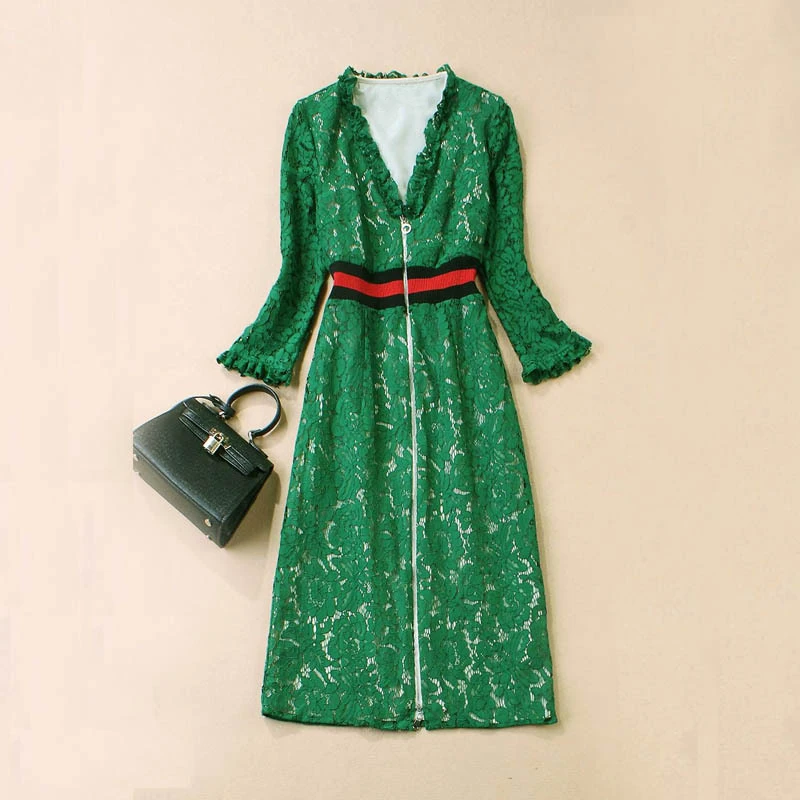 Женское вечернее платье с V-образным вырезом элегантное зеленое кружевное