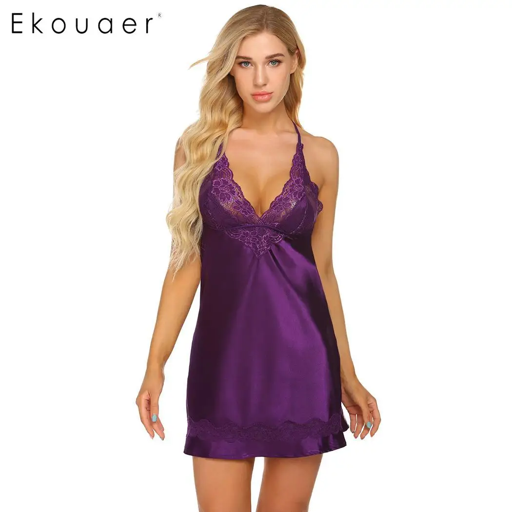 Purple Ekouaer нижнее белье Ночная рубашка женская сексуальная летняя ночная рубашка кружевная Лоскутная ночная рубашка и стринги ночные рубашки женские платья для сна - Цвет: Purple