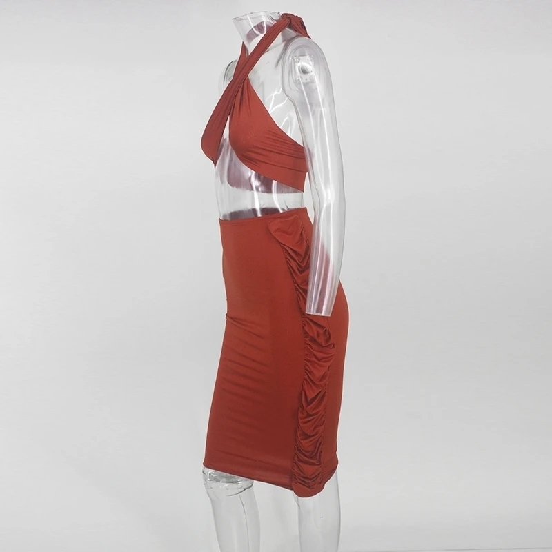 Pofash 2018 Spring Summer Women Dress Cropped Sexy Crop Top Knee Length Bandage High Waist Ruffles Side Bodycon Dresses | Женская одежда