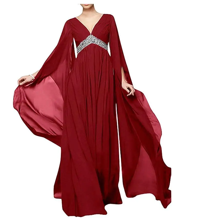 Красный шифон пром платья бисероплетение v образным вырезом ruched свободные рукава саудовская аравия maxi dress